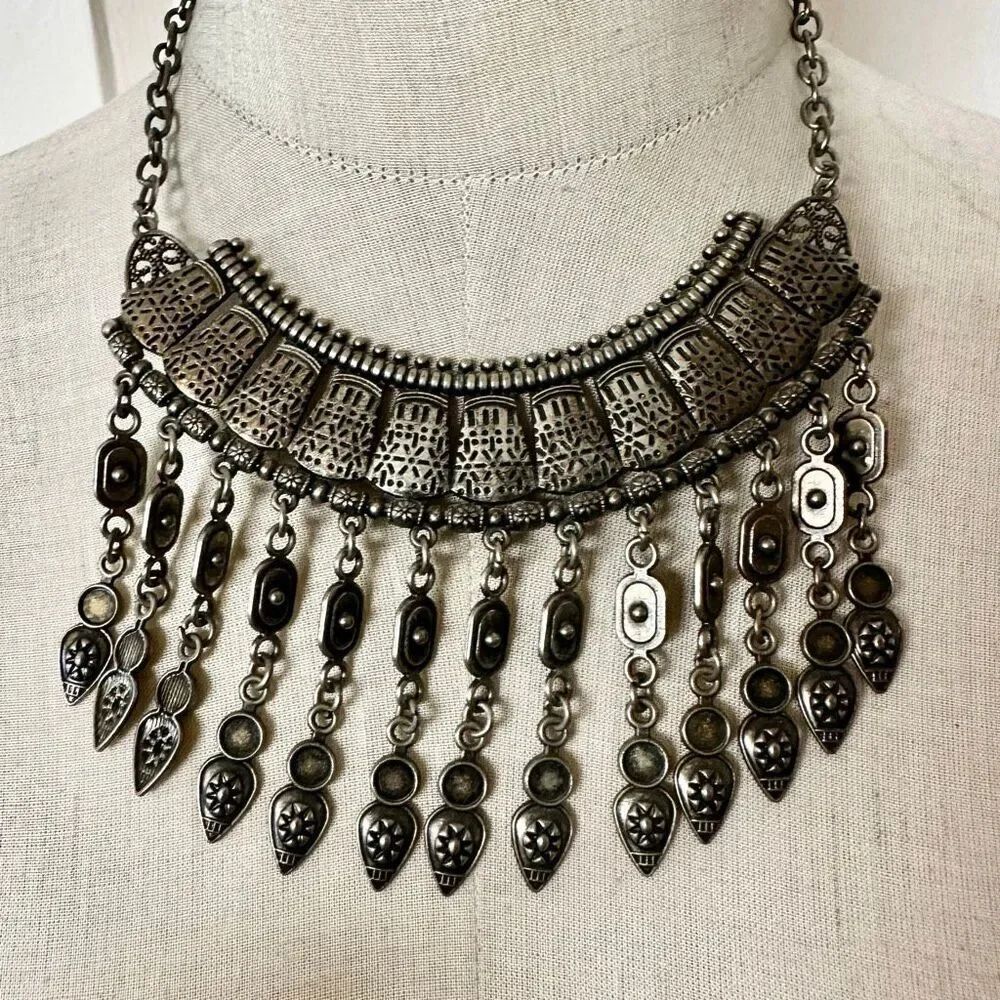 Boho Silver-Tone Fringe Bib Statement Necklace